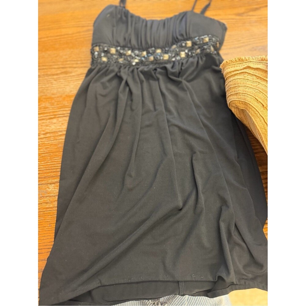Roulette Black Beaded Waist Spaghetti Strap Dress
